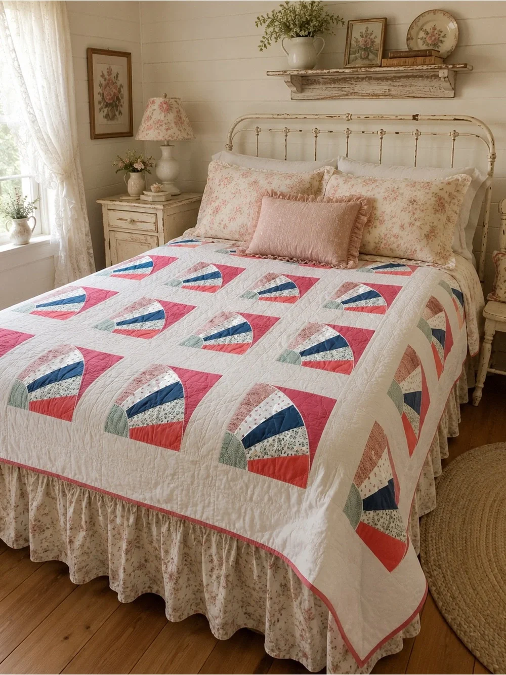 Vintage-Pink Fan Grandma Handstitched Patchwork Quilt - Signed & dated 1980